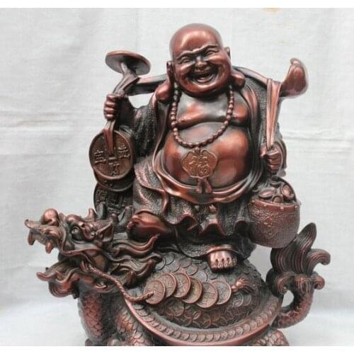 YM 320 15" Chinese Buddhism Bronze Fu Happy Laugh Maitreya Buddha Dragon Turtle Statue