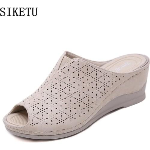 SIKETU summer women fish mouth slippers PU leather shoes solid thick sole heels beach sandals women outside wedges slides
