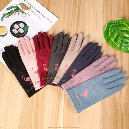 SISHION Vintage Retro Flamingo embroidered suede touch screen gloves autumn and winter warm female winter driving gloves SP0695