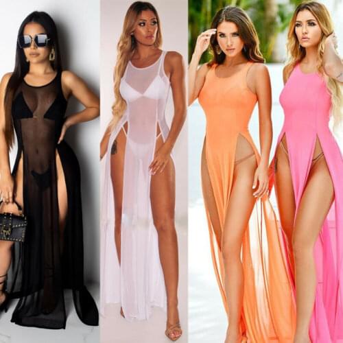 2020 Womens Bikini Swimsuit Cover up Silk Summer Beach Wear Mesh Sheer Long Dress Summer Bathing Suit Holiday Hot One Piece