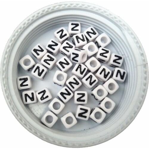 100pcs/lot 7*7MM single initial N printing Acrylic letter beads white with black color plastic alphabet knit beads