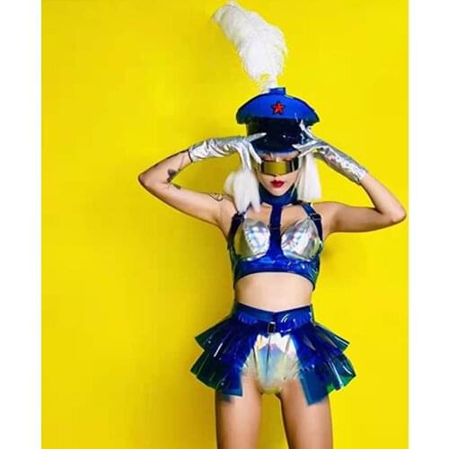 2021 Bar Dj Singer Gogo Dance Costume Laser Color Bikini Women Sexy Cosplay Military uniform Festival Clothing Rave Wear VDB3452