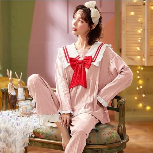 2021 Kawaii Sailor Moon Spring Pajamas for Women Cute Bows Navy Collar Pyjamas Cotton Casual Nightwear Princess Style Sleepwear