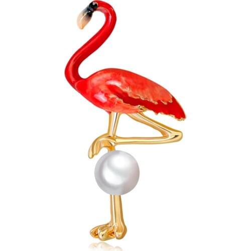 OneckOha Enameled Red Flamingo Brooch Pin Simulated Pearl Bird Pin Birthday Gift Hot Selling Animal Brooches
