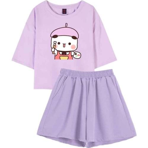 Kawaii Pajamas Nightwear Women Cute Bear Set Cotton Crop Top Shorts Pajamas Set Sleepwear T Shirts and Shorts Suit Summer