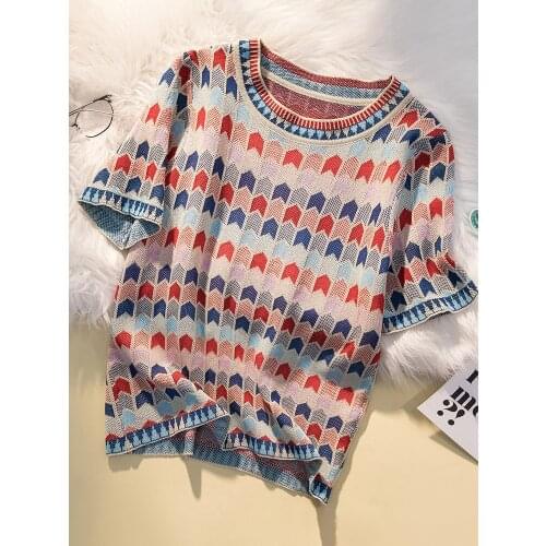 Plaid Knitted Women T-Shirts Summer New 2021 O-Neck Short-Sleeved Slim Elegant Office Lady Pulls Tops Tees