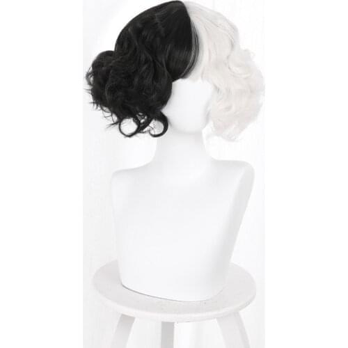 Cruella De Vil Kuila Half Black Half A Hundred Small Short Curly Cos Wig Caps for Making Wigs Danganronpa