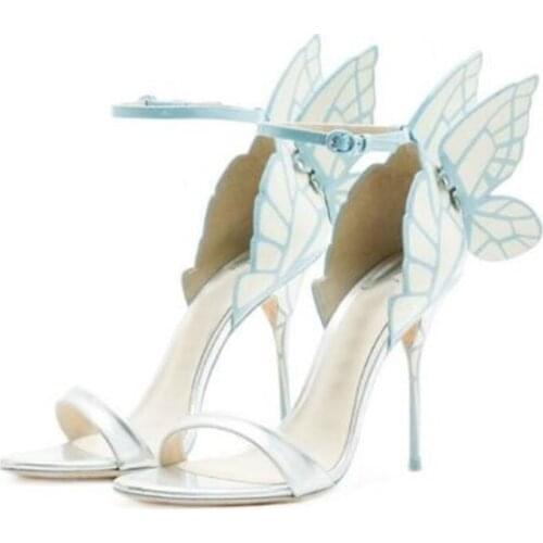 LUNAO BONColorful metallic embroidered leather sandal angel wings pumps party dress wedding shoes butterfly ankle wrap high heel