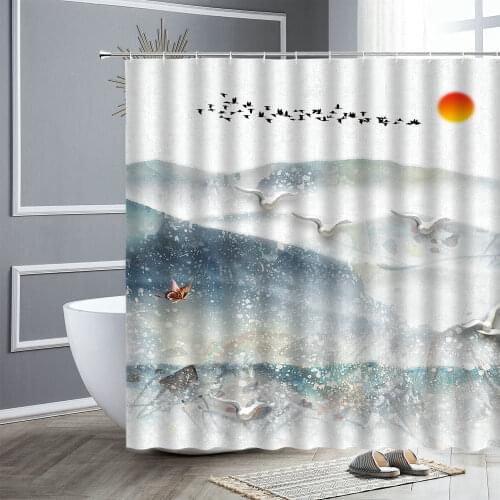 Landscape Shower Curtains Waterproof Bath Screen Butterfly Bird Chinese Style Mountain Forest Scenery Bathroom Decor Curtain Set