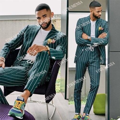 YIWUMENSA Green Pinstripe Business Smart Casual Men Suits 2 Pieces Jacket With Pants Tuxedos Prom Slim Fit Blazers Custom Made