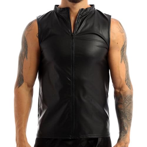 Mens Slim Vest Tank Top Costumes Black Leather Front Zipper Undershirt Moto Punk Night Clubwear Leather Top