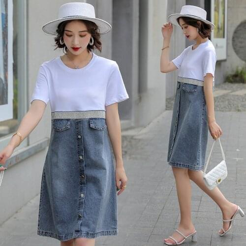 New Summer Style Women Dresses Causal Loose O-Neck Patchwork Single Button Jeans High Waist Slim For Females Denim One-Piece