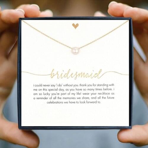 IcareU Bridesmaid Love Pearl Pendant Necklace Wedding Propose Wish White Card Gift Box Gold Alloy Clavicle Short Chain Jewelry