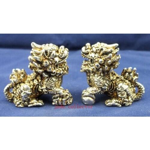 A Pair of Chinese Tibetan silver Guardian Lion kylin Statue