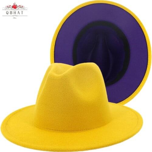 QBHAT 2020 Yellow Purple Patchwork Wool Felt Jazz Fedora Hats with Belt Buckle Men Women Wide Brim Panama Cowboy Trilby Hat L/XL