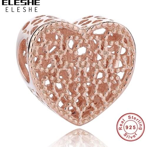 Luxury 100% 925 Sterling Silver Beads Charms fit Original Bracelet with Rose Gold Romance Heart Beads for Jewelry Making