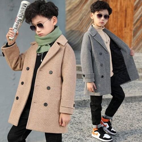 Jacket For Boys Woolen Coat 2021 Autumn New Fashion Turn Collar Solid Double-Breasted Childrens Outerwear Trench High Quality