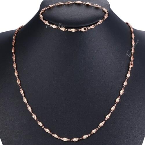 Jewelry Sets For Women 585 Rose Gold Bracelet Neckalce Set Tulip Bud Beads Chain 2018 Wholesale Woman Jewelry Gifts 4mm HGS256