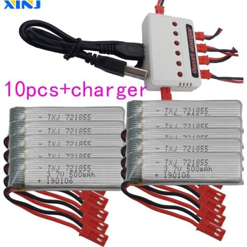 XINJ Charger+10pcs 3.7V 500mAh 25C JST plug Polymer Li battery 721855 for FLT H07 U815A U818A U819A LS 6036 RC Quadcopter Drone