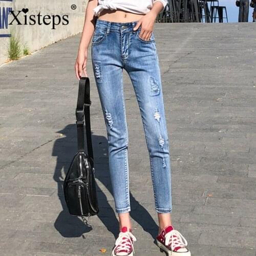 Xisteps 2020 New Women Jeans Ripped Holes Autumn Skinny Stretch Pencil Deinm Pants Slim Fit Sexy Jeans Street Wear Pockets