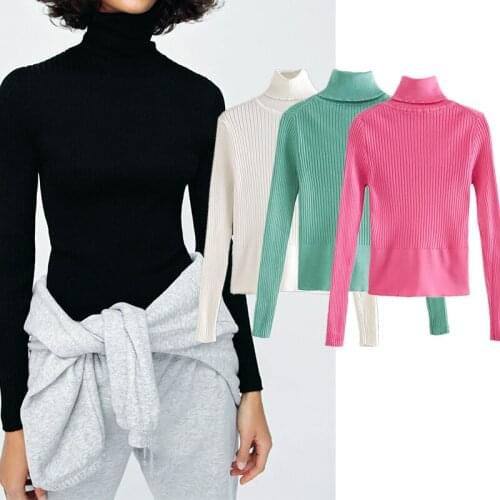 Womens Sweater Za Fashion 2021 Knited Casual Turtleneck Spring Sweaters Female Long Sleeve Solid Elegant Mujer Tops Pullovers