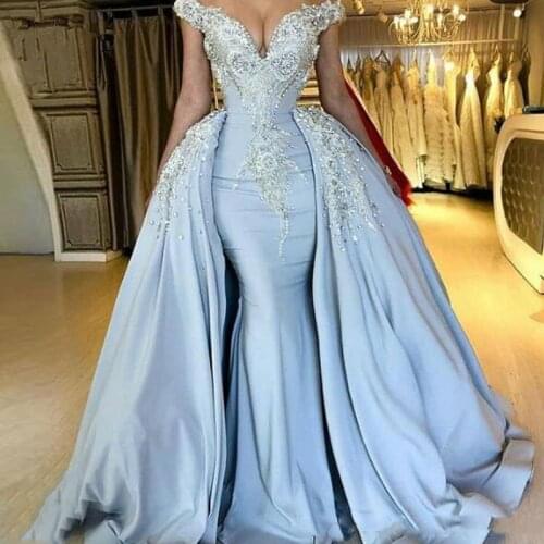 Off the Shoulder Mermaid Prom Dresses with Detachable Train Luxury Crystal Beaded V Neck Lace Long Evening Dress robe de soiree