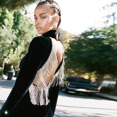 2020 New Women Black Diamonds Chain Velvet Sexy Fashion Dress Long Sleeve Bodycon Backless Summer Sexy Celebrity Party Vestidos