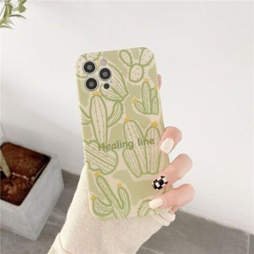 Retro Korean fashion cactus painting art Phone Case For iPhone 11 12 Pro Max Xs Max XR Xs 7 8 Plus X 7Plus case Cute Soft Cover