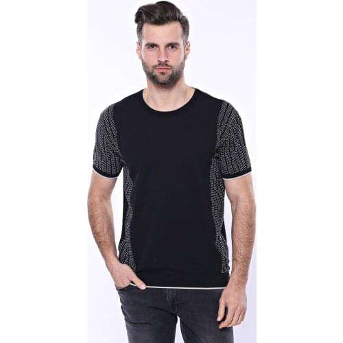Circle Neck Patterned Black Knitted T-Shirt