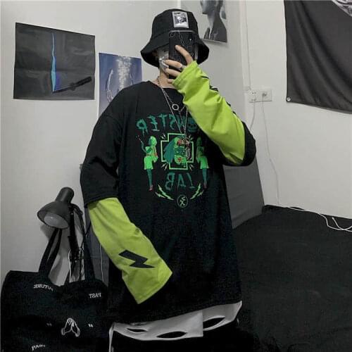 Dark fake two-piece tees early autumn Korea Harajuku bf style retro loose long-sleeved T-shirt male and female student top trend