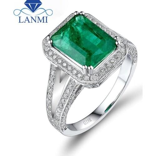 LANMI Vintage Emerald Cut 8x10mm Solid 18k White Gold Natural Colombian Emerald Ring Real Diamond Women Engagement Fine Jewelry