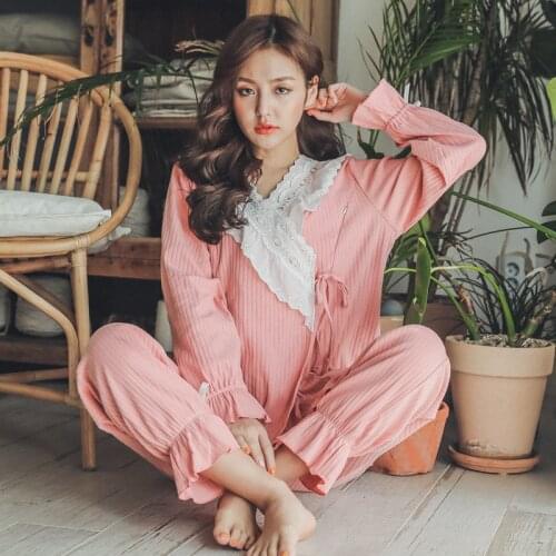 Sweet Pink Cotton Patchwork Lace Maternity Nursing Sleepwear Set Breast Feeding Pajamas for Pregnant Women Cute Loose Pregnancy