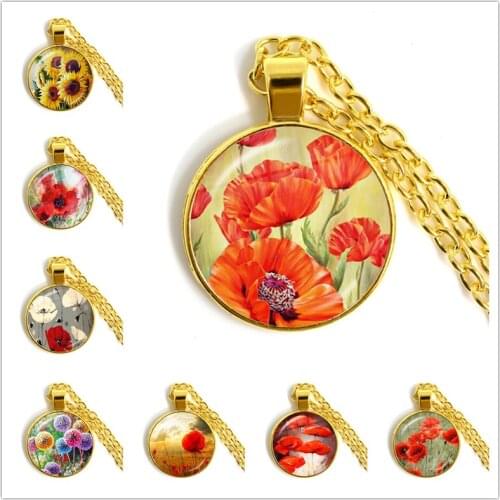 Fashion Poppy Flowers Pattern Gold Color Necklaces Glass Cabochon Pendant Necklace Jewelry Simple Style Charm Gift