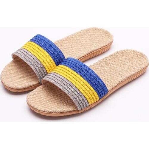 Mens Summer Flax Slippers Indoor Breathable Home Striped Linen Slippers Beach Flip Flops Men Slides Boys Sandals House Shoes