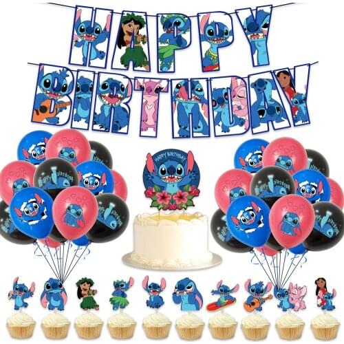 Lilo & Stitch Theme Banner Balloon Set Happy Birthday Boys Girls Childrens Party Decorations Supplies Cake Topper Blue Flag New