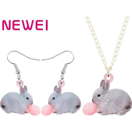 Newei Acrylic White Hare Bunny Balloon Rabbit Jewelry Sets Lovely Animal Necklace Earrings For Women Kids Trendy Birthday Gift