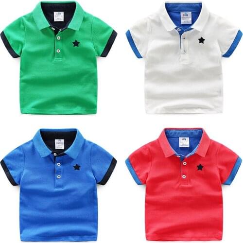 2019 Casual 2 3 4 6 8 10 Years Children Clothing Cotton Short Sleeve Turn-Down Collar White Blue Star Print Kids Boys T-Shirts