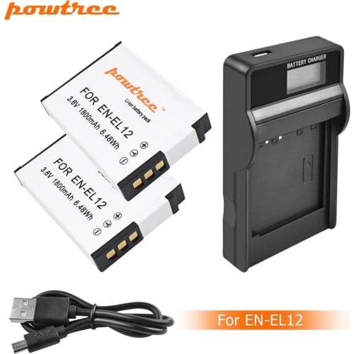 Powtree 1800mAh EN-EL12 EN EL12 Battery+LCD Charger for Nikon CoolPix S610 S610c S620 S630 S710 S1000pj P300 P310 P330 S6200 L10