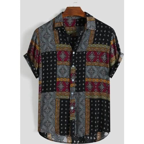 Men Ethnic Style Summer shirts Casual Short Sleeve Stand-up Collar blusa Hawaii shirt Design Button Up Camicias High Quality Top