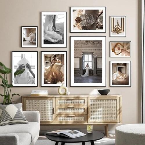 Modern Fashion Palace Architecture Posters Print Golden Canvas Painting Wedding Dress Wall Art Pictures Livingroom Home Decor