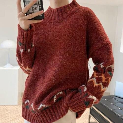 Retro O-neck Sweater Women For Autumn Winter Loose Sweater Jumper Women Fashion Warm Winter Pullover Pull Femme