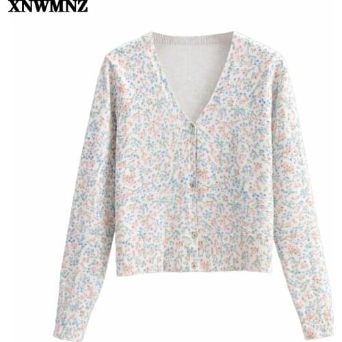 XNWMNZ Women fashion French Style floral print Cardigan v-neck long sleeve knit top Female Casual Knitted Cardigan Coat 2021