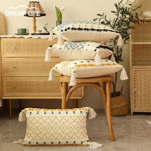 Yellow Black Cotton Boho Cushion Cover 45x45cm/30x50cm Tassels Pillow Cover For Sofa Bedroom Home Decoration PillowCase Sham