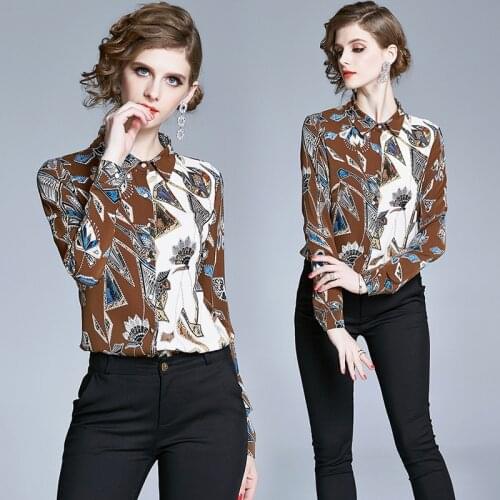 Brown Blouse Women Floral Print Shirt Femme Turn Down Collar Full Long Sleeves Blusas Mujer Office Lady Elegant vetement Womens