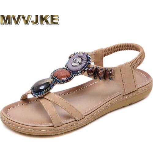 MVVJKE 2019 Summer Women Flat Bohemia Boho Sandals Shoes Woman Casual Sandals String Bead Ethnic Beach Sandals Plus size