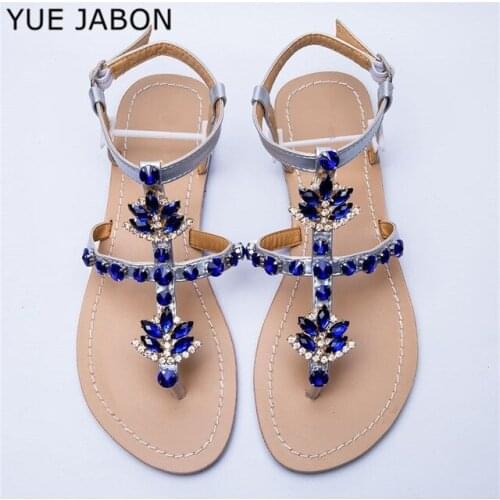 2020 Woman Sandals Blue Red Gold Rhinestones Chains Thong Gladiator Flat Sandals Crystal Chaussure Plus Size 43 tenis feminino