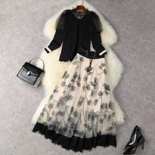 High Quality New Sweater Sets 2021 Autumn Winter 2 Piece Set Women Lace Patchwork Knitted Black Pullovers+Sexy Mesh Long Skirt