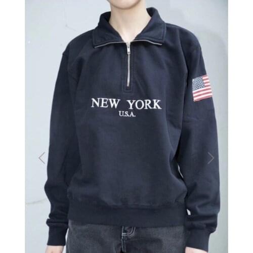 2021 Fall/Winter Flag Pullover Lapel Polo Collar Top Half Zipper Letter Print Casual loose Womens Sports Sweatshirt A605