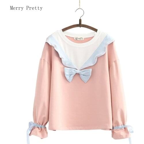 Women Sweatshirt Ruffles Patchwork Bow Hoodies 2020 Autumn Winter New Petal Sleeve O-neck Harakuju Tracksuits Korean Pullover