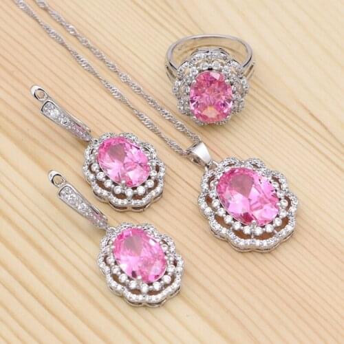 925 Silver Bridal Luxury Jewelry Sets For Women Wedding Pink Cubic Zirconia White Crystal Pendant Necklace Ring Earrings